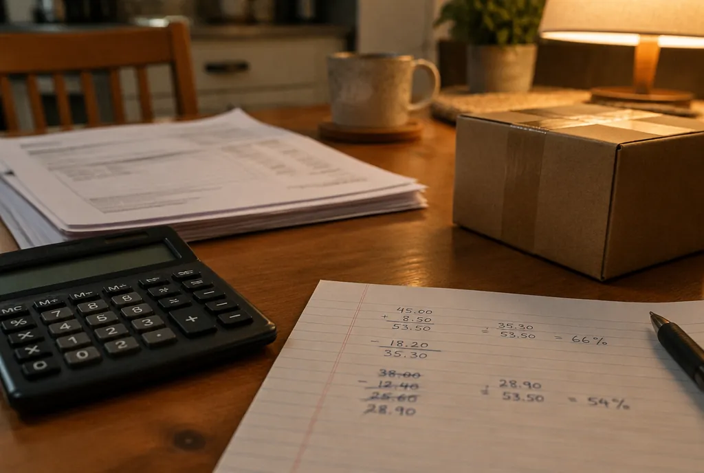 A calculator, a cardboard box and a notebook with handwritten margin calculations.