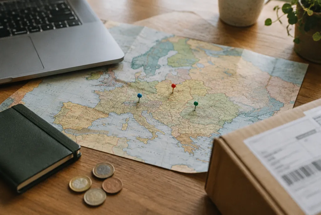 A laptop, a green notebook, coins, a cardboard box and a map of Europe with colored pins.