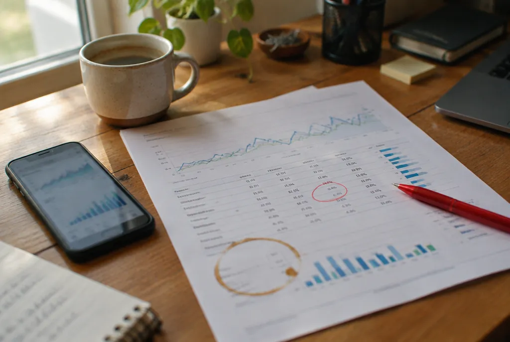 A desk with a coffee mug, a phone, a red pen and a printed report with charts.