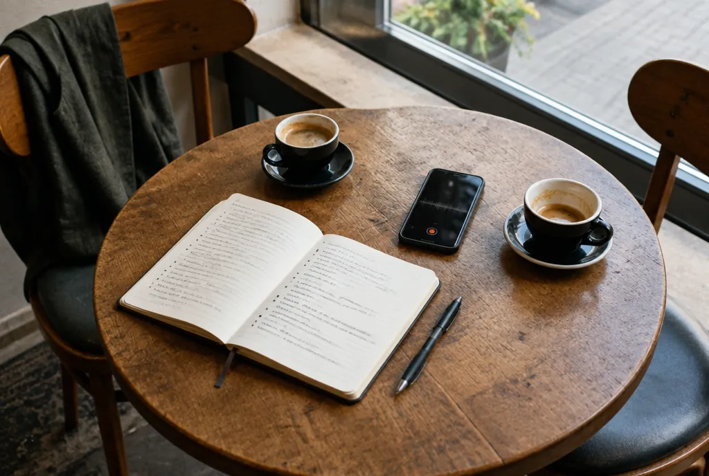 A round cafe table with two coffee cups, an open notebook, a pen and a phone showing a recording waveform.