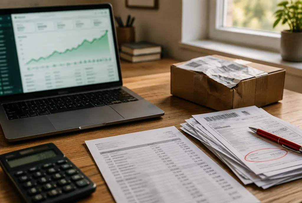 Laptop with an ads chart next to a bank statement and courier return slips