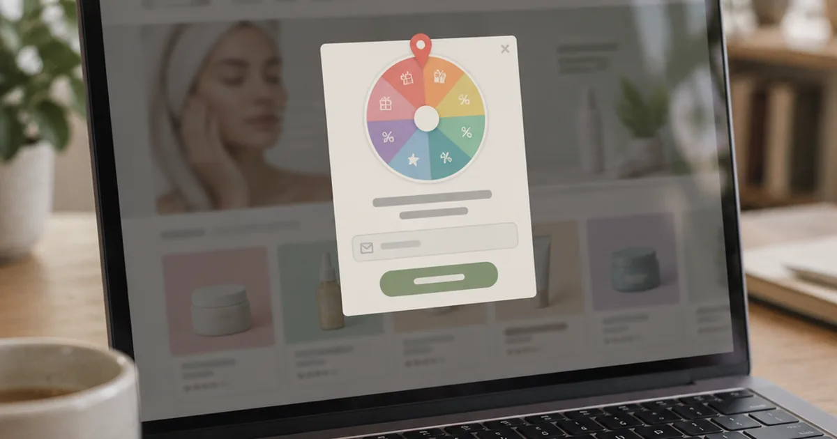 Laptop screen with a spin-the-wheel popup over an online shop
