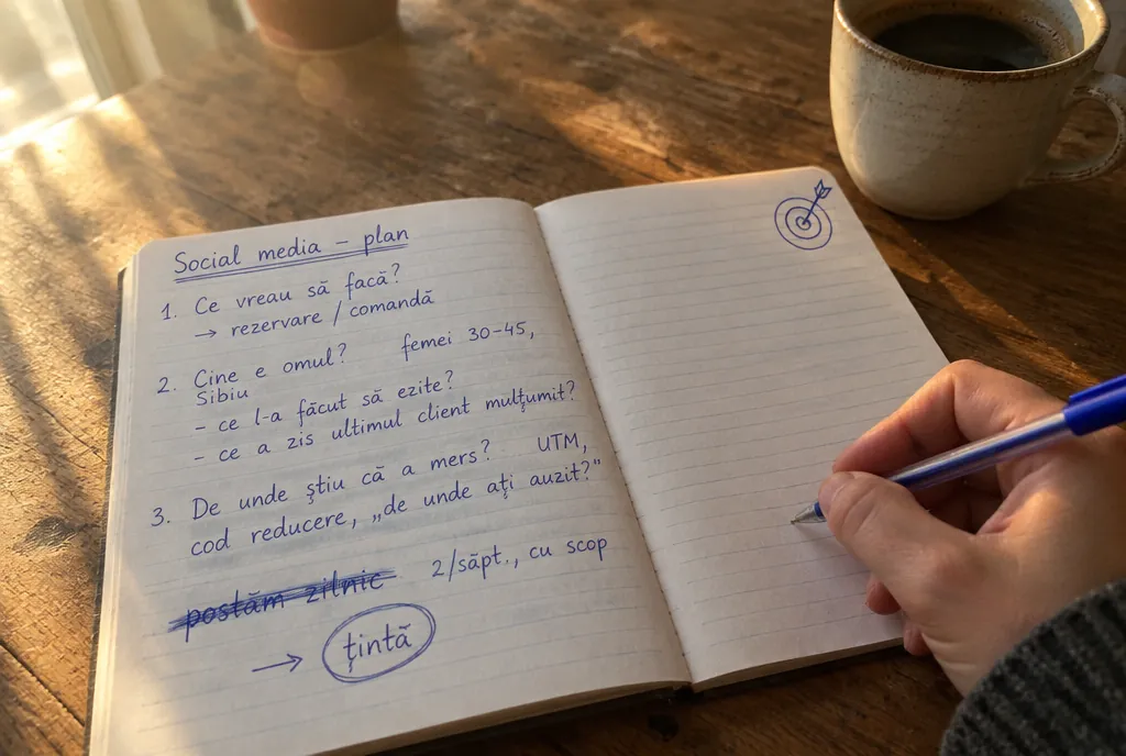 Notebook with handwritten social media planning notes at sunrise