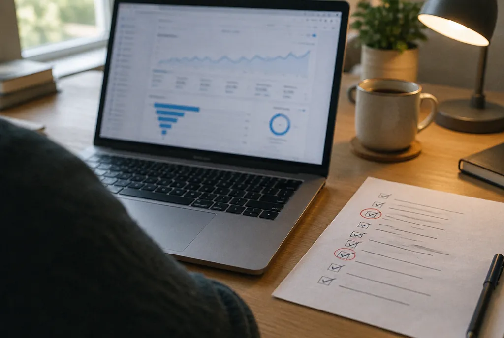 A laptop with blue graphs, a checklist with red marks, a coffee cup and a desk lamp.