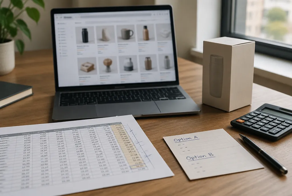 A laptop showing a product page, a box, a calculator and papers with handwritten options.