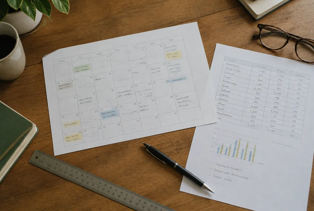 A handwritten calendar, a spreadsheet, eyeglasses and a pen on a wooden desk.
