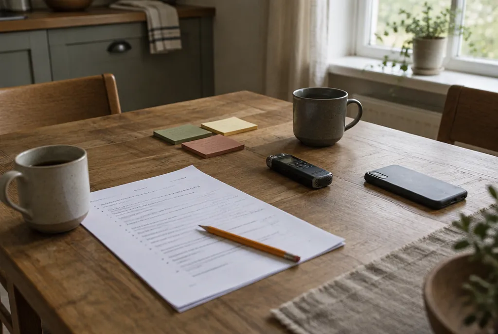 Two coffee mugs, a stack of papers with an orange pencil, a phone and sticky notes on a wooden table.